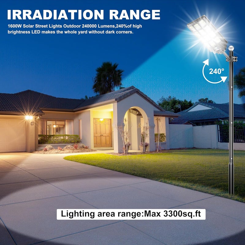 Jadisi 1-Pack 9500W Solar Street Light, Solar Street Lights Outdoor Waterproof, 240000LM 7000K Solar Powered Street Light, Dusk to Dawn, with Motion Sensor, LED Wide Angle Lamp - Image 3